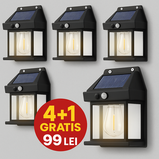Set 4+1 GRATIS! Lămpi Solare de Perete LED Tip Felinar