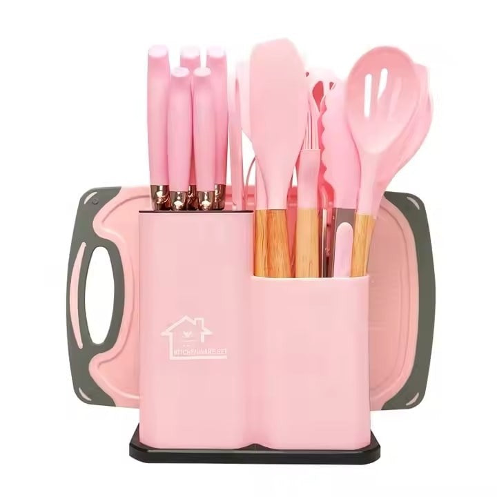 Set 19 ustensile de gatit din silicon cu maner rezistent din bambus, suport + TOCATOR CADOU