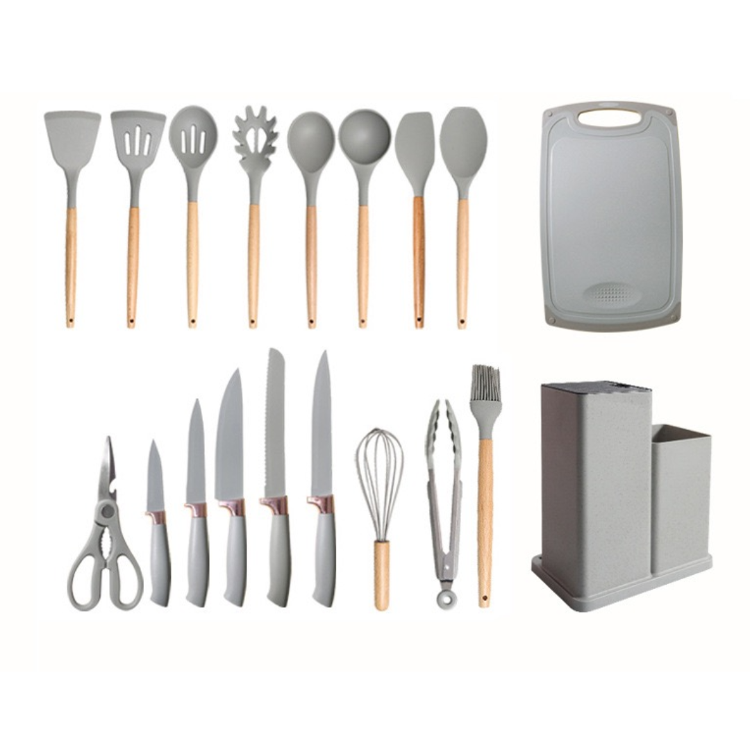 Set 19 ustensile de gatit din silicon cu maner rezistent din bambus, suport + TOCATOR CADOU