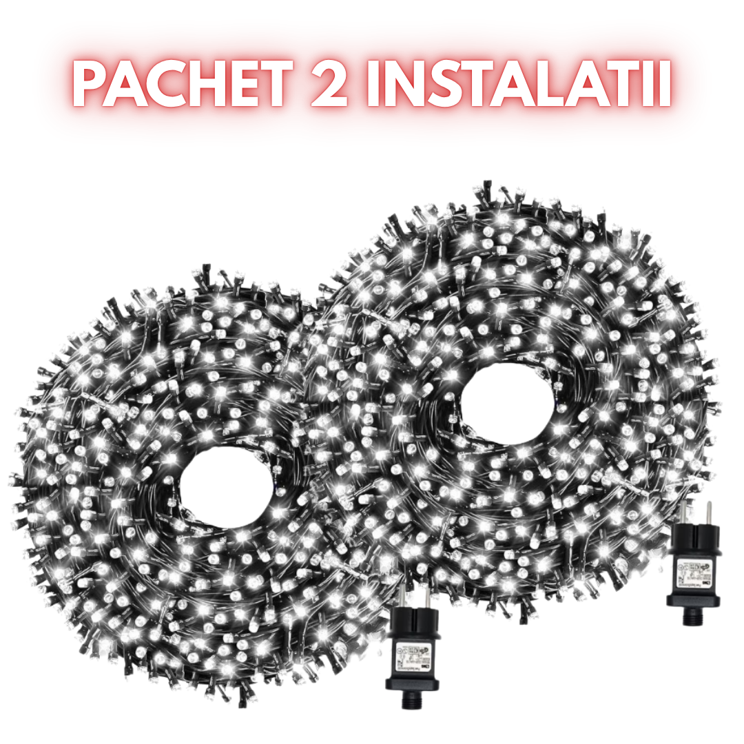 Pachet PROMOTIONAL! 2 BUC Instalatie De Craciun Liniara 50M, 240 LED -uri, Cu 8 jocuri de lumini, Pentru Exterior/Interior, Alb Rece
