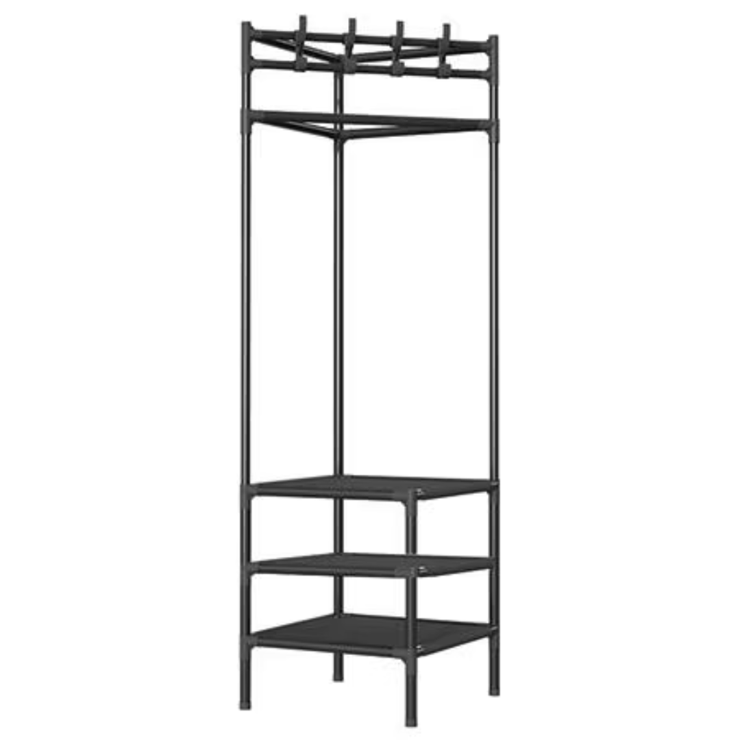Suport de colt pentru haine, robust, cu 2-3 rafturi de depozitare si 4 carlige duble, Negru