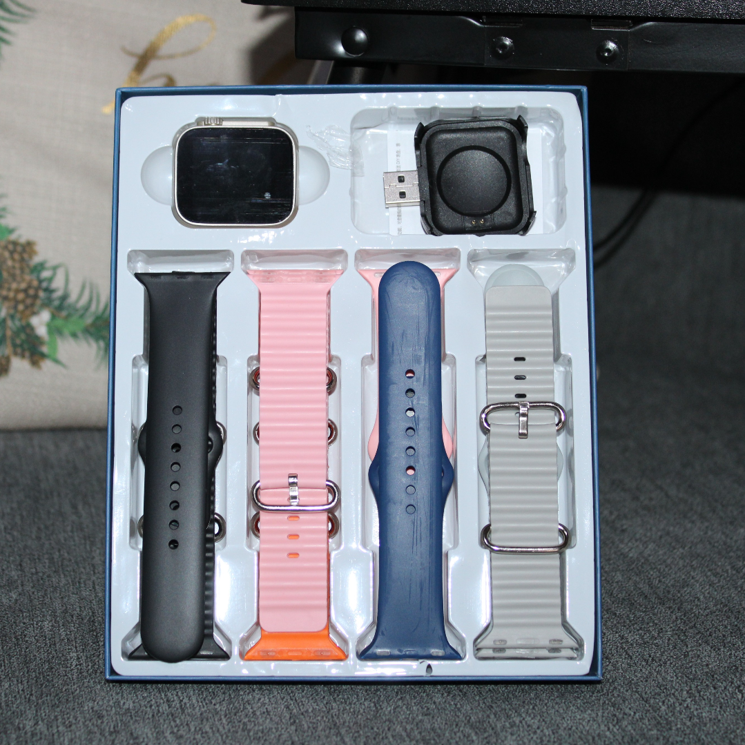 Pachet 1+1 Set Ceas Inteligent Ultra 8in1  Apeluri Bluetooth, Puls, Somn, GPS, Sport, Control Muzica, 500 Teme, Incarcare Inductiva, IP67