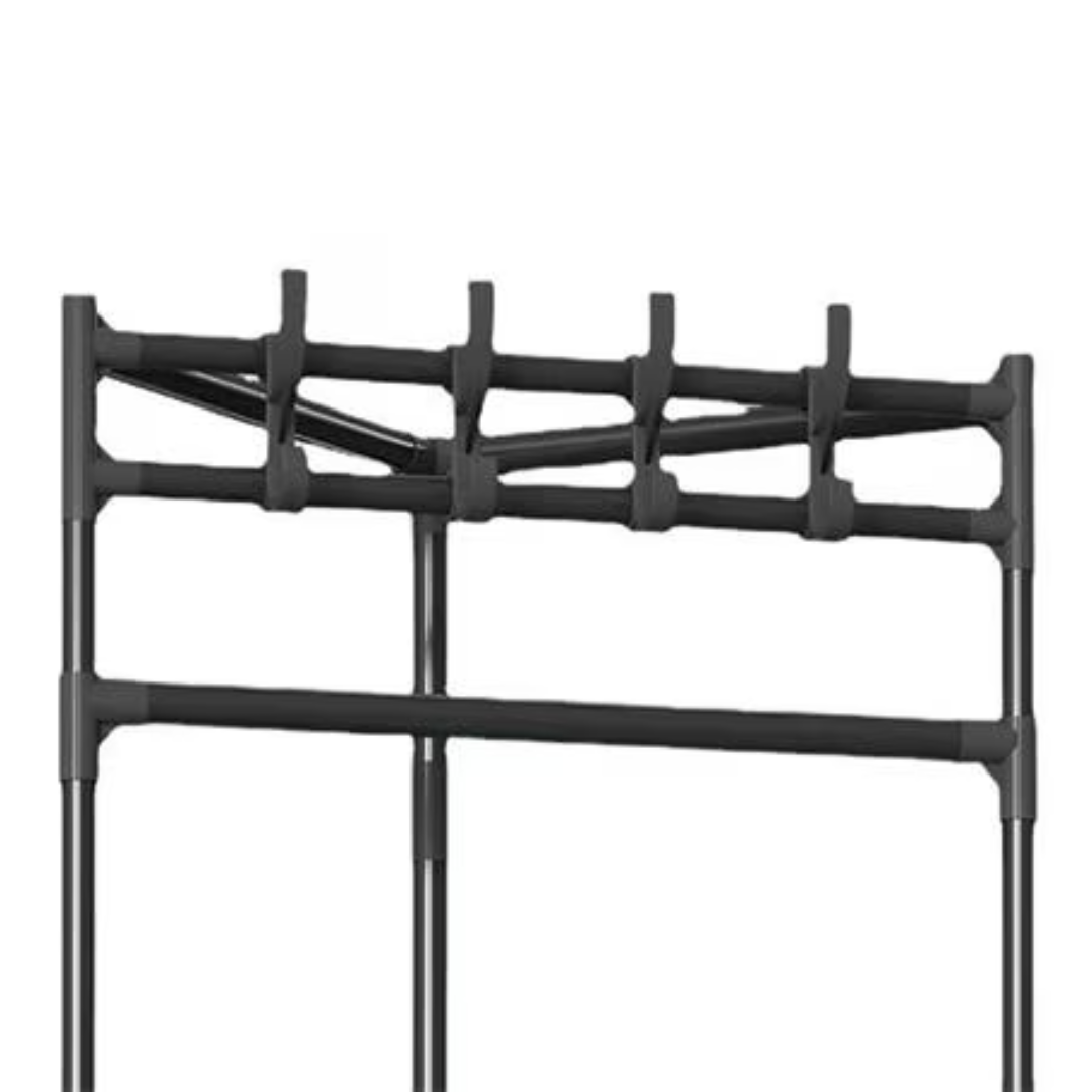 Suport de colt pentru haine, robust, cu 2-3 rafturi de depozitare si 4 carlige duble, Negru