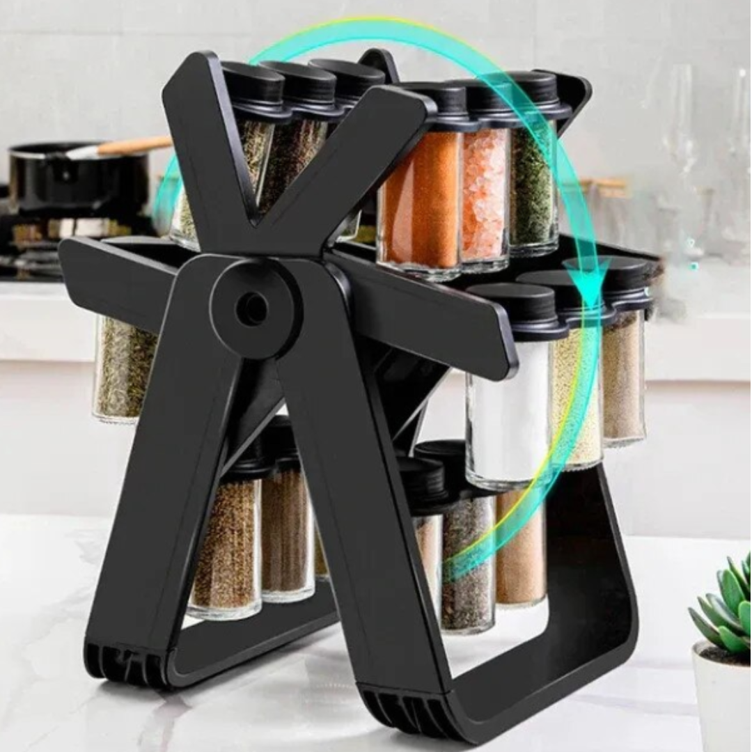 Organizator condimente, rotativ 360°, design elegant si functional, set cu 18 borcane, 29 × 21 × 25 cm