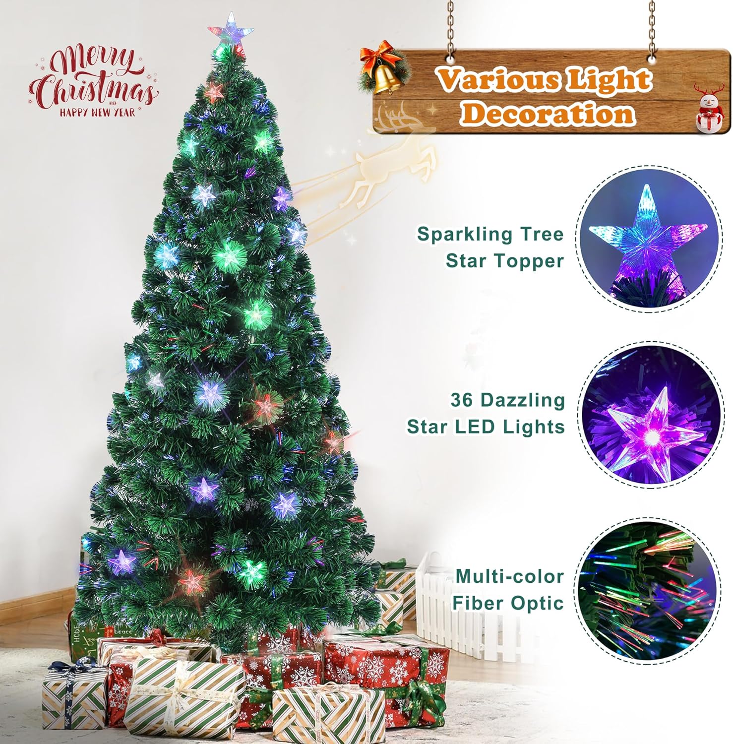 Brad de Lux cu fibra optica,180cm, aspect nins, 2000 pini si 150 leduri multicolore + STEA de varf CADOU! - MAGIA CRACIUNULUI IN CASA TA