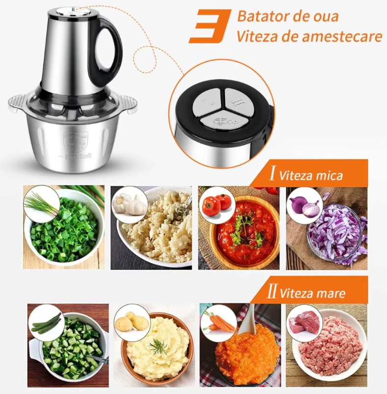 Tocator electric de 5L, carne si legume, 4 lame inox, 2 viteze, capacitate mare, bol inox