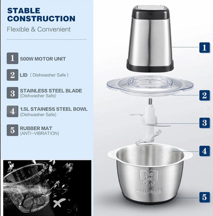 Tocator electric de 5L, carne si legume, 4 lame inox, 2 viteze, capacitate mare, bol inox