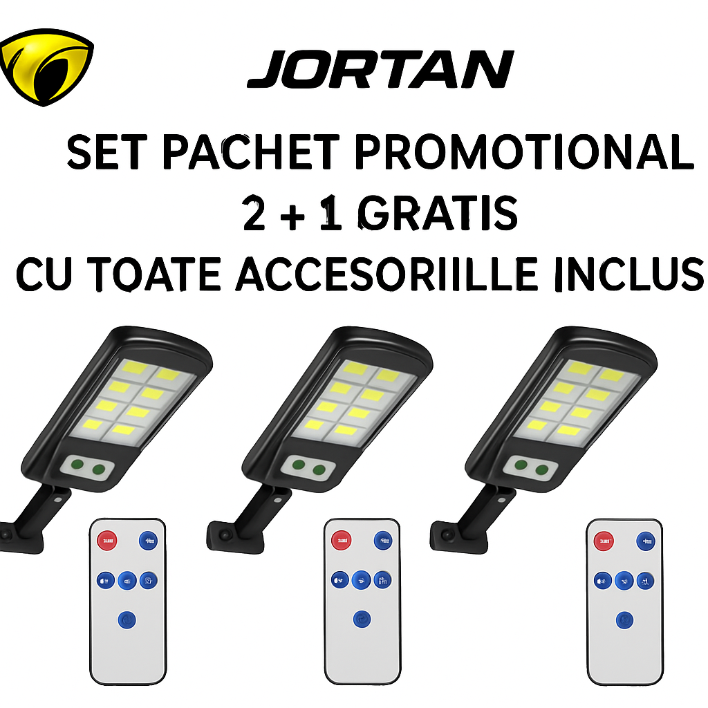 Set 2+1 GRATIS! Lampa Stradală Solară LED JORTAN cu Senzor de Mișcare, pentru Grădină, Rezistentă la Apă IP65