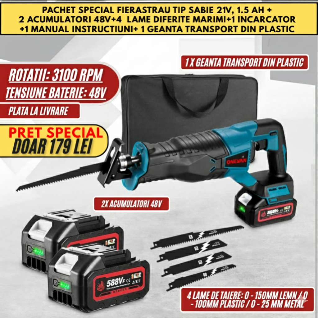 Fierastrau tip sabie 48V, 5 Ah, pentru gradina si diferite activitati