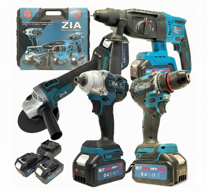 Set scule electrice fara fir ZIA , - 4 in 1: Surubelnita cu impact, Ciocan perforator-dalta, Masina de gaurit-surubelnita cu impact, Polizor unghiular