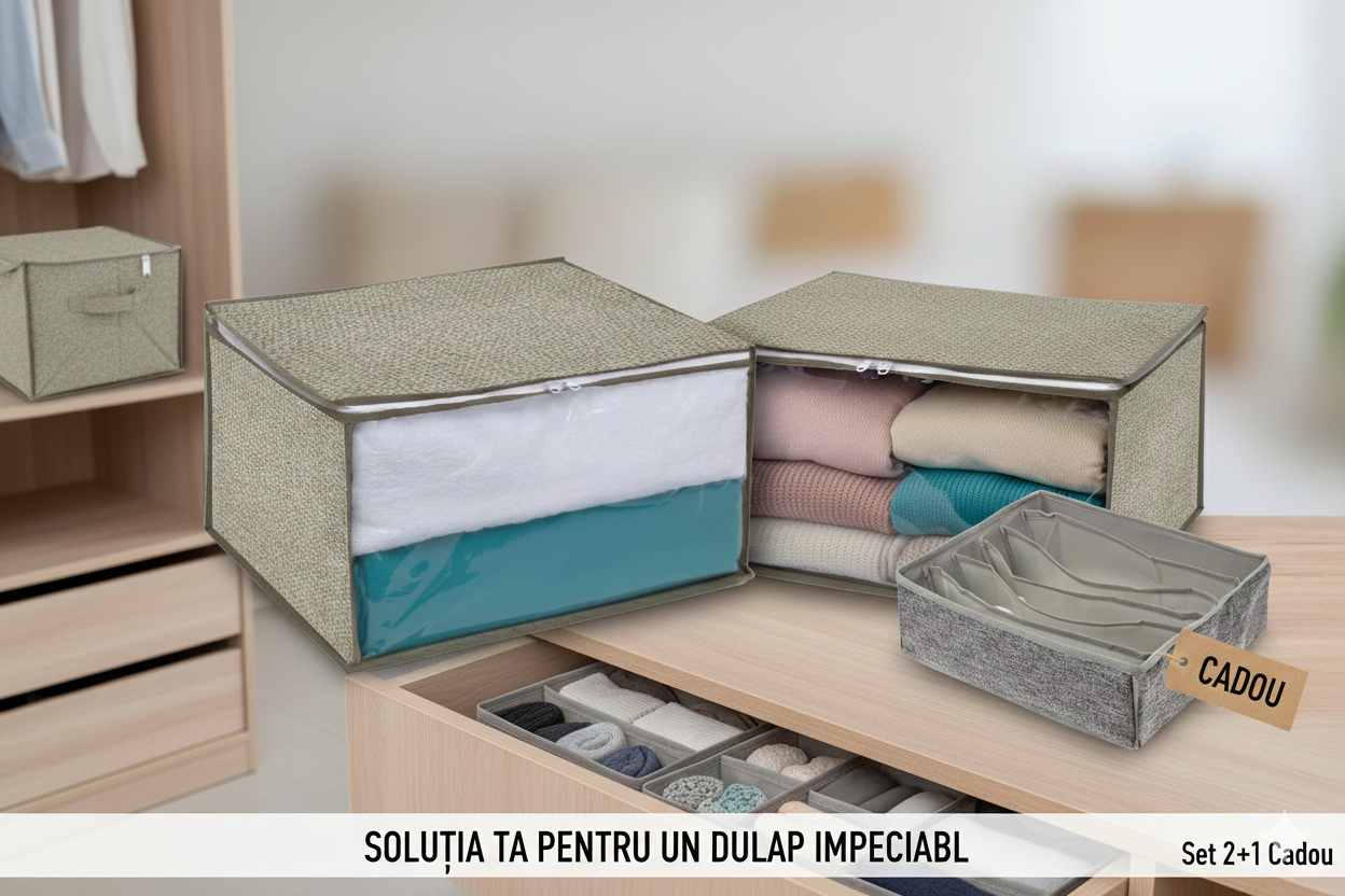 Set Organizare Premium: 2 Huse Depozitare + CADOU Organizator de Sertar