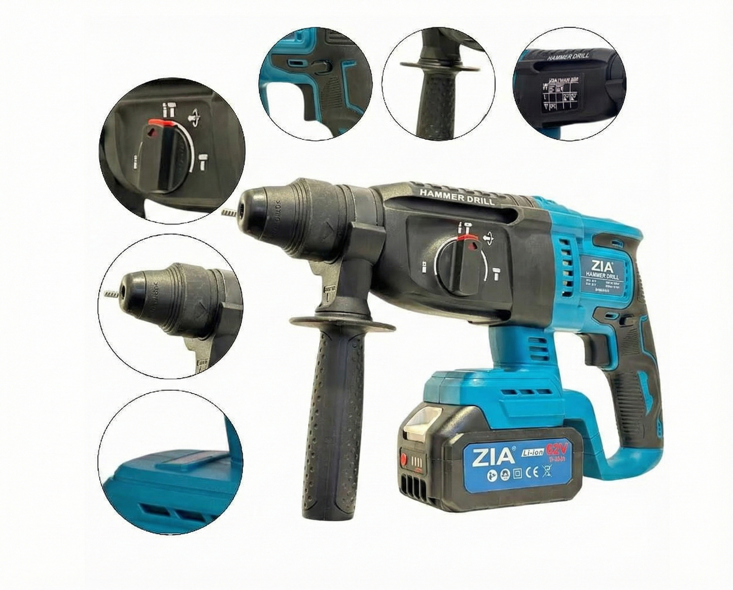 Set scule electrice fara fir ZIA , - 4 in 1: Surubelnita cu impact, Ciocan perforator-dalta, Masina de gaurit-surubelnita cu impact, Polizor unghiular