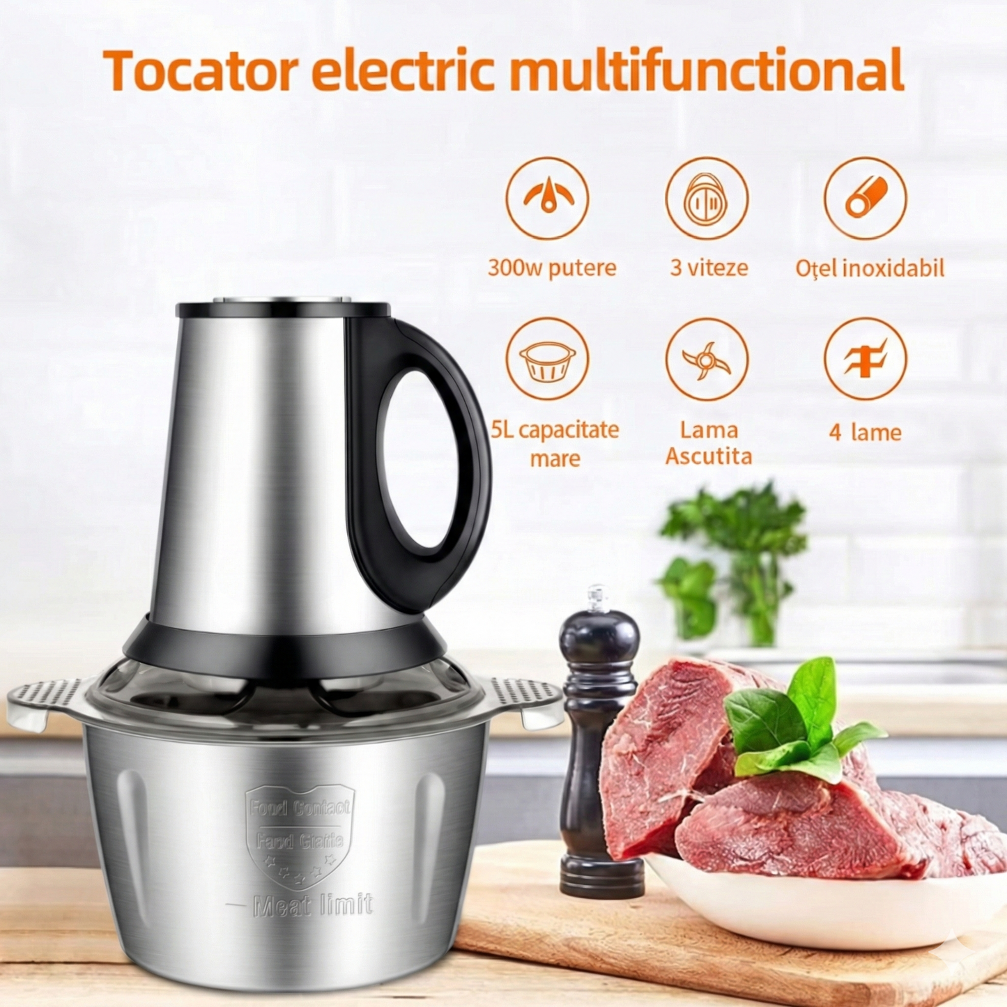 Tocator electric de 5L, carne si legume, 4 lame inox, 2 viteze, capacitate mare, bol inox