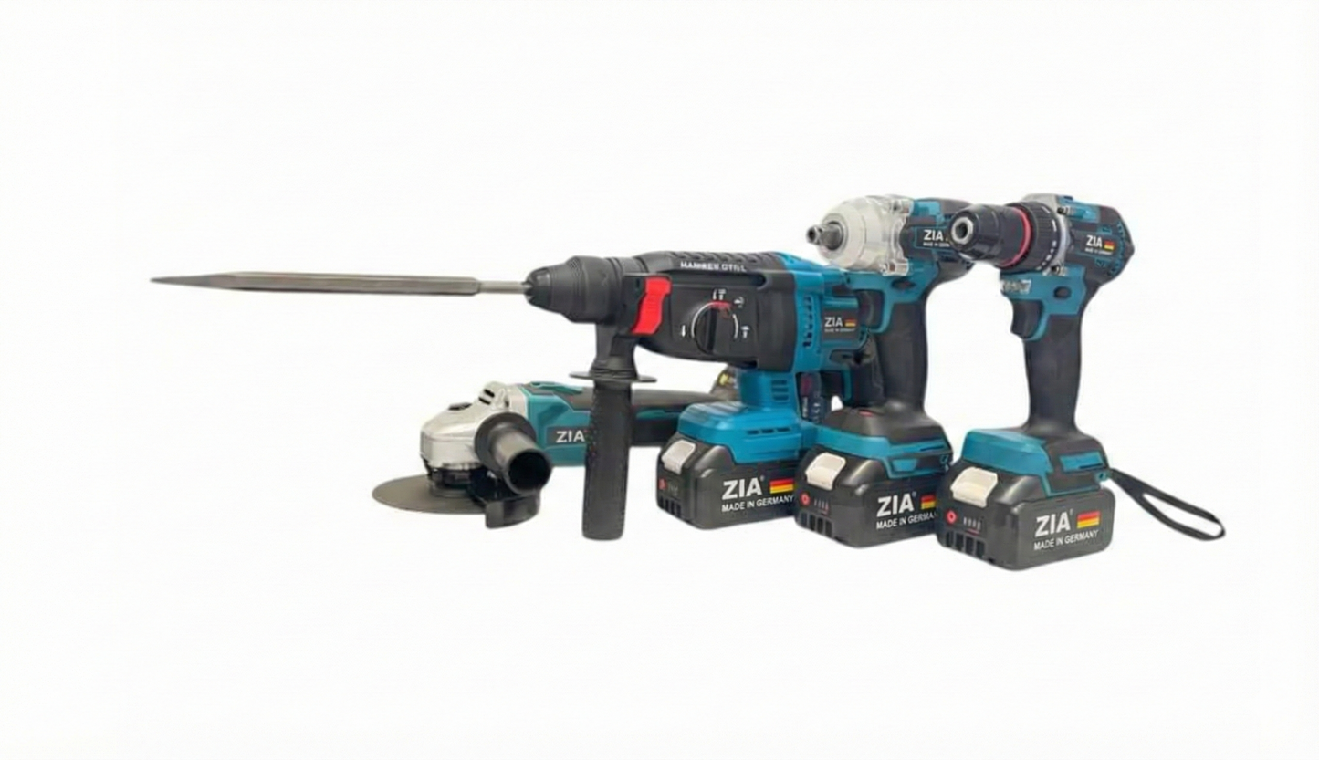 Set scule electrice fara fir ZIA , - 4 in 1: Surubelnita cu impact, Ciocan perforator-dalta, Masina de gaurit-surubelnita cu impact, Polizor unghiular