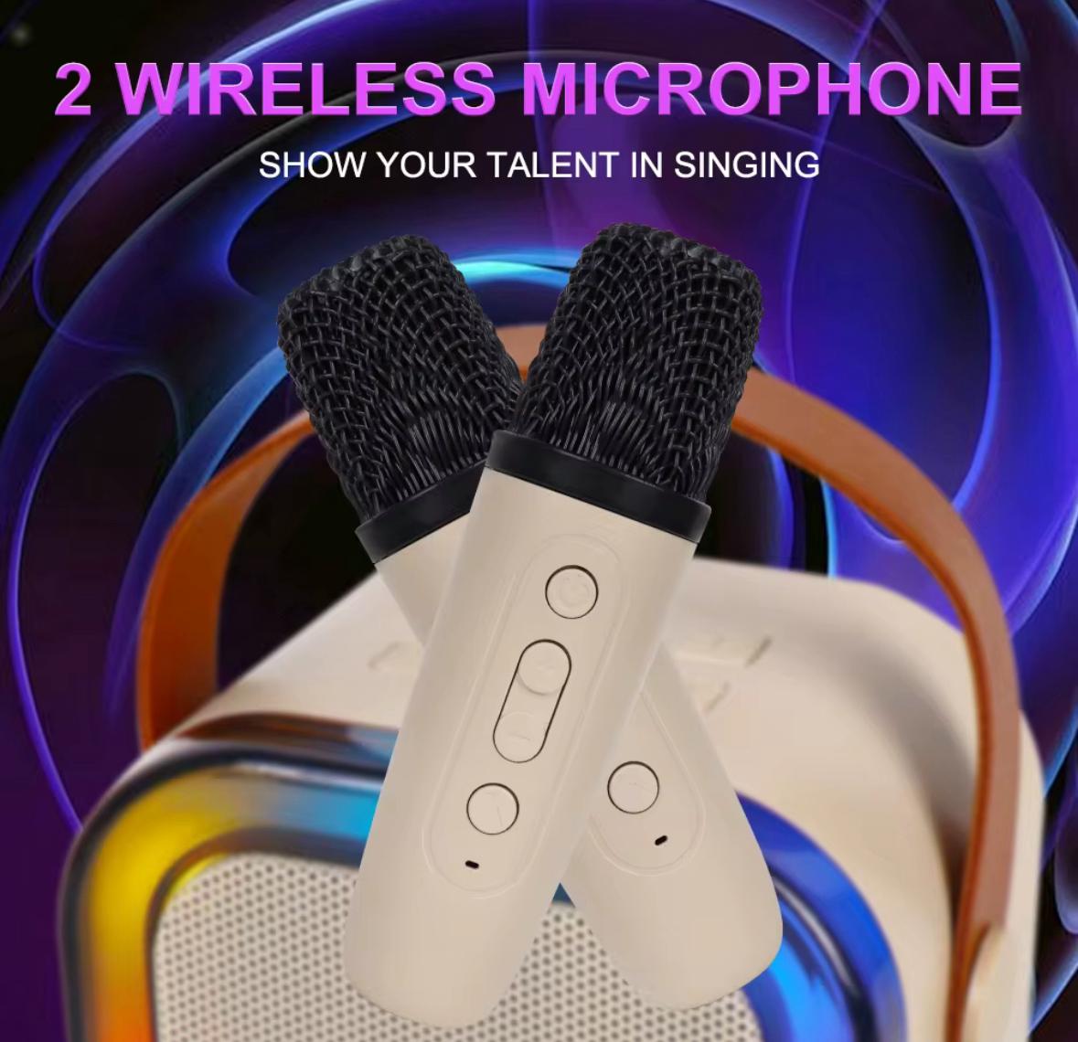 🎤 Set Karaoke Portabil cu 2 Microfoane Wireless și Boxă Bluetooth cu Lumină LED RGB
