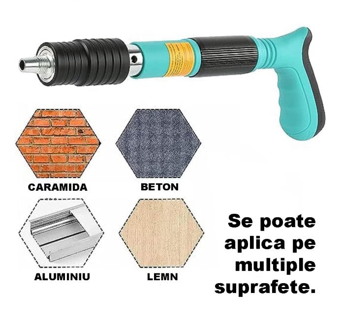 Pistol Pneumatic de Batut Cuie in Beton si Metal, Manual Silentios, Reglaj 3 Trepte Putere, Cu 100 Cuie Rotunde Incluse, Ulei Intretinere, Cutie Transport, Accesorii si Ochelarii Protectie, Fixari Rapide pentru Zidarie, Otel si Instalatii, Vernil