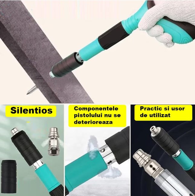 Pistol Pneumatic de Batut Cuie in Beton si Metal, Manual Silentios, Reglaj 3 Trepte Putere, Cu 100 Cuie Rotunde Incluse, Ulei Intretinere, Cutie Transport, Accesorii si Ochelarii Protectie, Fixari Rapide pentru Zidarie, Otel si Instalatii, Vernil