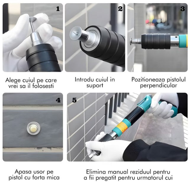 Pistol Pneumatic de Batut Cuie in Beton si Metal, Manual Silentios, Reglaj 3 Trepte Putere, Cu 100 Cuie Rotunde Incluse, Ulei Intretinere, Cutie Transport, Accesorii si Ochelarii Protectie, Fixari Rapide pentru Zidarie, Otel si Instalatii, Vernil