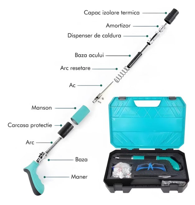 Pistol Pneumatic de Batut Cuie in Beton si Metal, Manual Silentios, Reglaj 3 Trepte Putere, Cu 100 Cuie Rotunde Incluse, Ulei Intretinere, Cutie Transport, Accesorii si Ochelarii Protectie, Fixari Rapide pentru Zidarie, Otel si Instalatii, Vernil