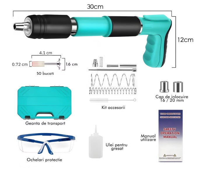 Pistol Pneumatic de Batut Cuie in Beton si Metal, Manual Silentios, Reglaj 3 Trepte Putere, Cu 100 Cuie Rotunde Incluse, Ulei Intretinere, Cutie Transport, Accesorii si Ochelarii Protectie, Fixari Rapide pentru Zidarie, Otel si Instalatii, Vernil