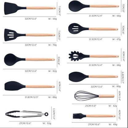 Set 19 ustensile de gatit din silicon cu maner rezistent din bambus, suport + TOCATOR CADOU