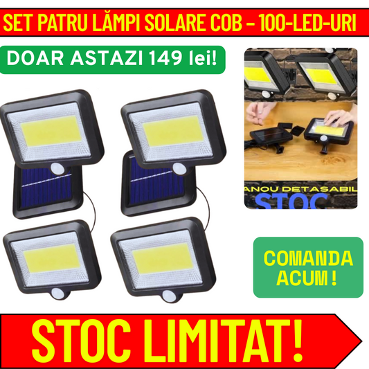 Set 4 x Lampă Solară 100 LED-uri COB – Putere 30W, Panou Detasabil, Dimensiuni 250 x 250 x 100 mm