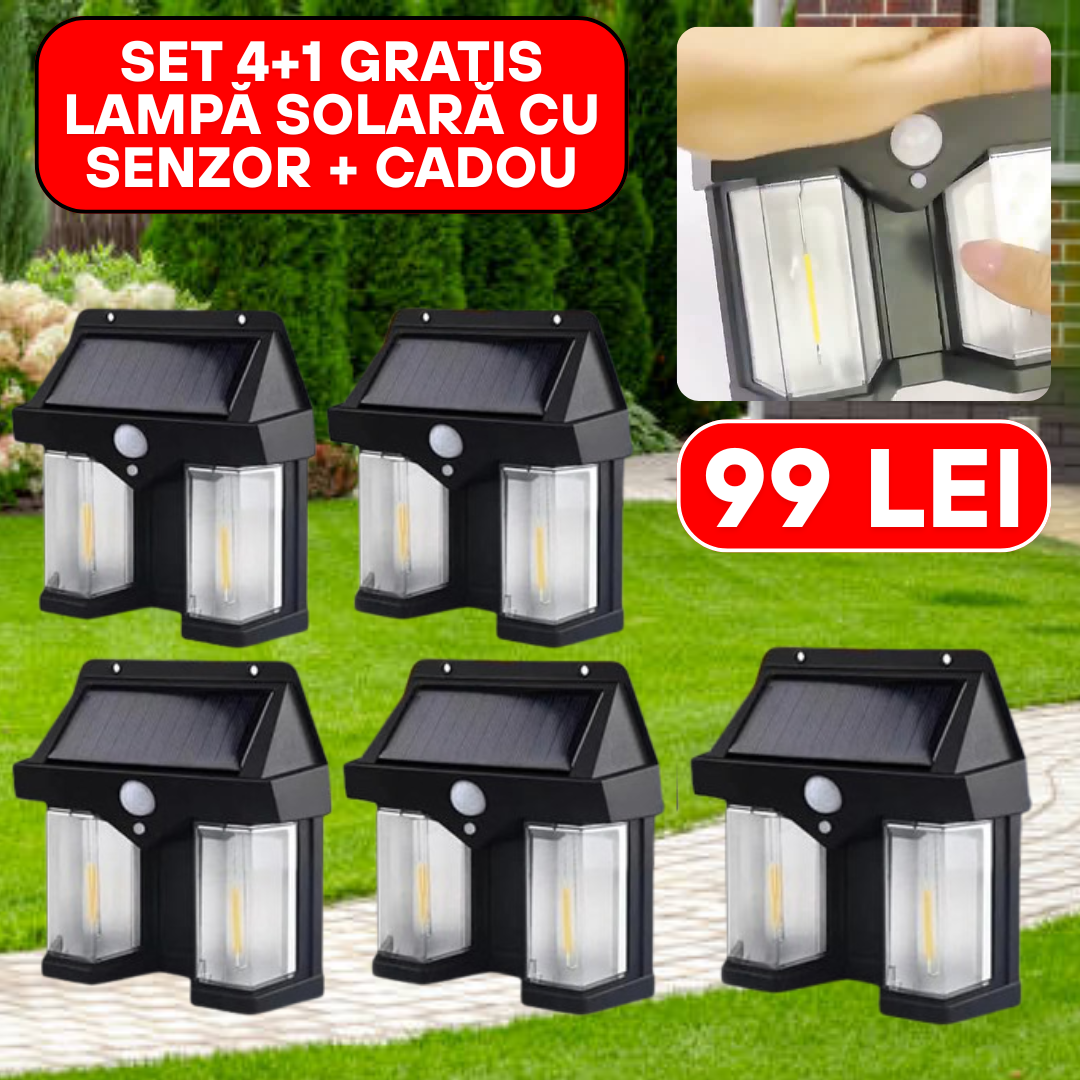 Set 4+1 GRATIS Lampă Solară cu Senzor + CADOU – Iluminare Automată pentru Exterior