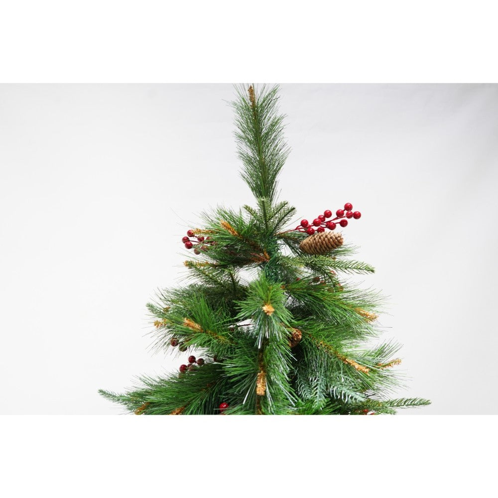 Brad artificial de lux pentru  Craciun, decorat cu conuri pin rosii, pentru interior/exterior, inaltime 210 cm, diametru 142 cm, 767 ramuri,  verde, suport metalic inclus