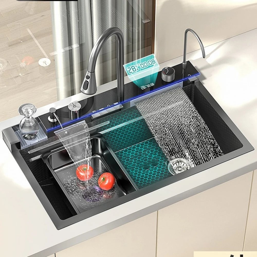 Chiuvetă de bucătărie multifuncțională otel inoxidabil, afisaj digital temperatura apa, robinet cascada, 75 x 46 x 21 Cm