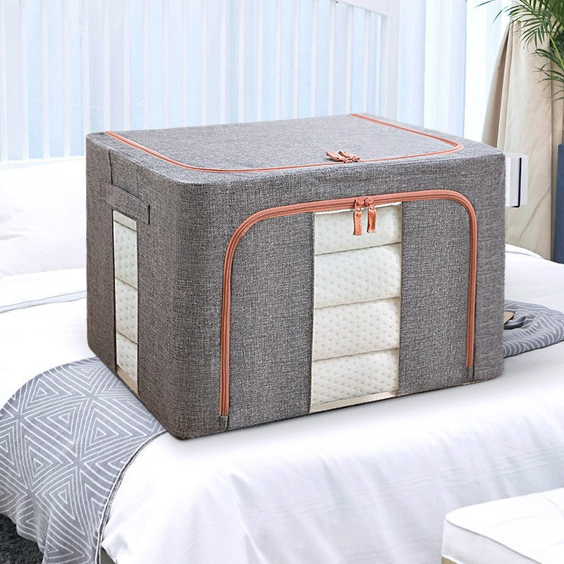 Set 2 x Cutii de depozitare pliabila,  Cu fermoar, 100 L, Textil, 60x42x40 cm, Cadru Metalic, Suport Baza Stabil din Plastic, Gri, Cu doua ferestre