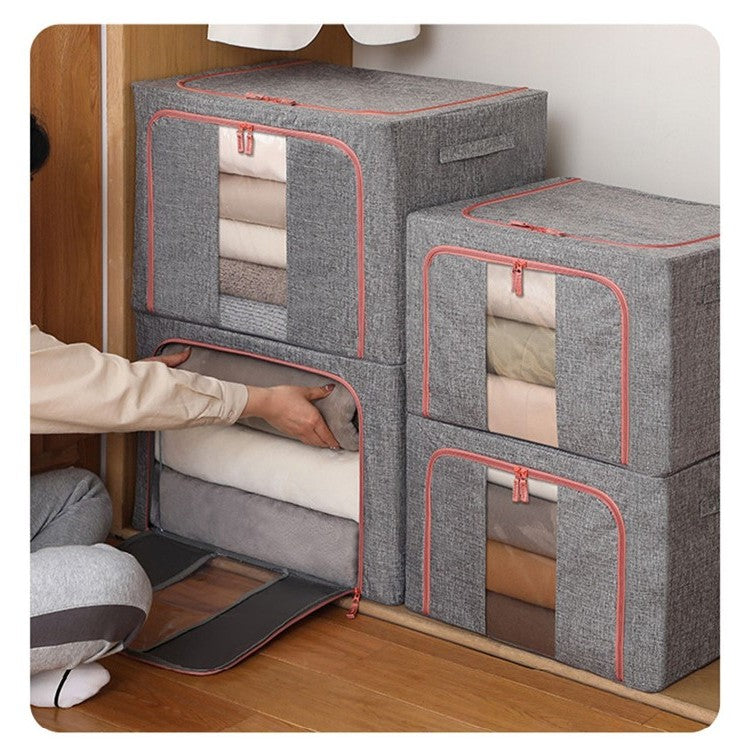 Set 2 x Cutii de depozitare pliabila,  Cu fermoar, 100 L, Textil, 60x42x40 cm, Cadru Metalic, Suport Baza Stabil din Plastic, Gri, Cu doua ferestre