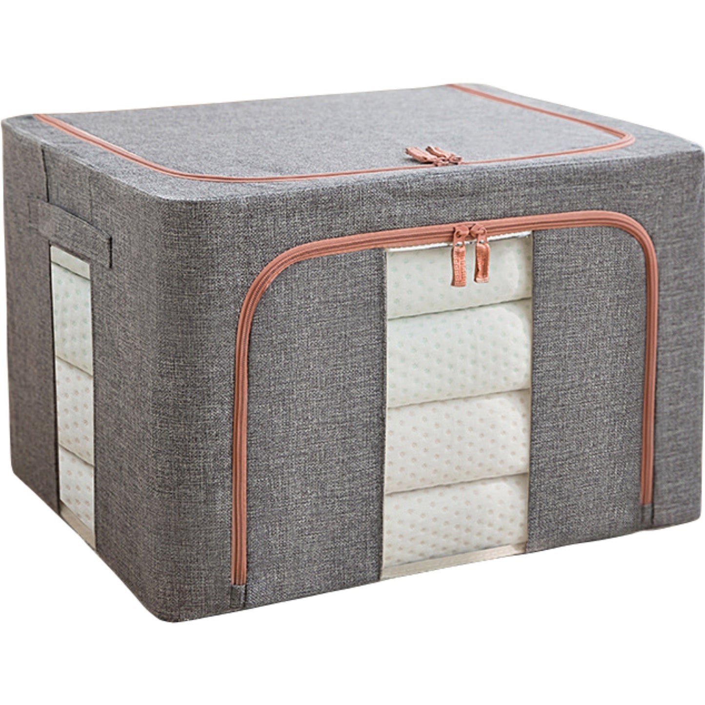 Set 2 x Cutii de depozitare pliabila,  Cu fermoar, 100 L, Textil, 60x42x40 cm, Cadru Metalic, Suport Baza Stabil din Plastic, Gri, Cu doua ferestre