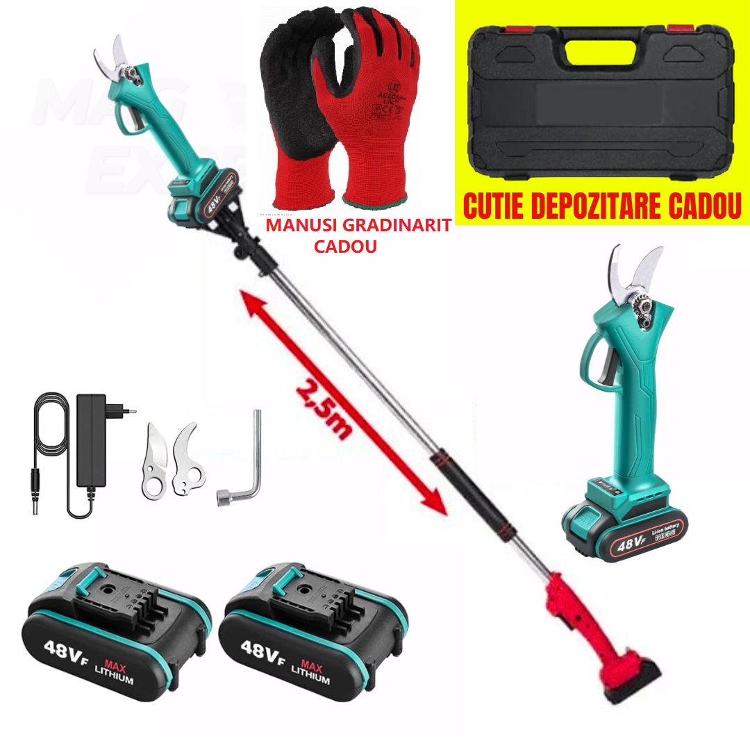 Foarfeca Electrica cu 1/2 Acumulatori 24V, 1.6M Tija Telescopica, pentru vie, pomi si crengi + CUTIE DEPOZITARE SI MANUSI GRADINARIT CADOU