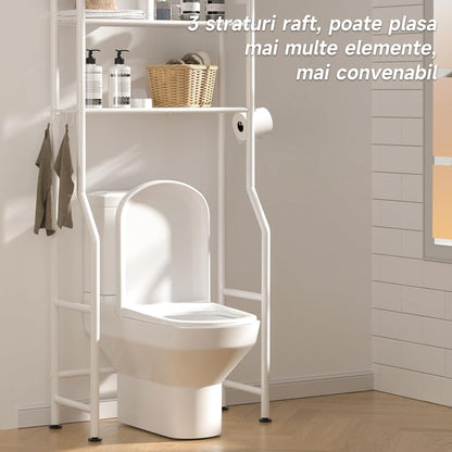 Raft depozitare peste toaleta, Raft depozitare peste masina de spalat, cu 3 rafturi, raft de Depozitare pentru Baie, picioruse ajustabile, rezistent si stabil, ideal pentru prosoape sau produse de igiena, metal, 155X47X25cm, Alb + CADOU SURPRIZA