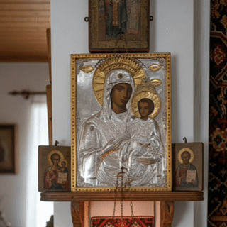 Icoana Maicii Domnului Strălucitoare Argint Relief