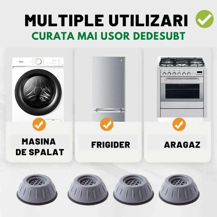 SET DE 4 PIESE SUPORT ANTI-ZGOMOT ȘI ANTIDERAPANTE PENTRU MAȘINA DE SPĂLAT, FRIGIDER, ARAGAZ