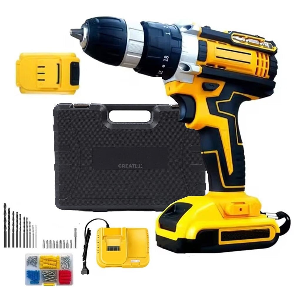 Masina De Gaurit Si Insurubat, Bormasina Cu 2 Acumulatori 48V Inclusi, Functionare Fara Fir, Moduri Avansate, Design Durabil Si Ergonomic, Accesorii, Trusa Transport, Galben/Negru + CADOU SURPRIZA