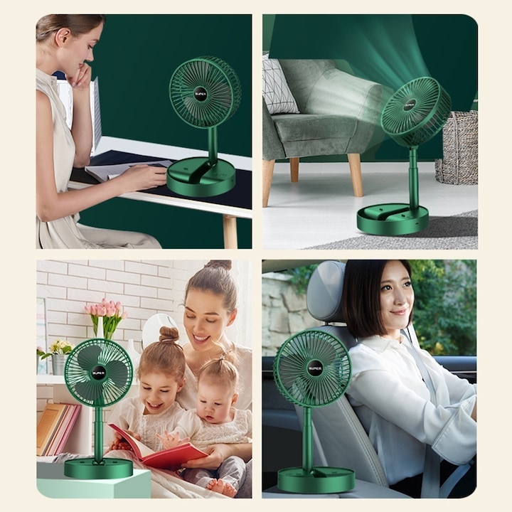 Ventilator portabil telescopic, 3 viteze, incarcare USB, verde, montabil pe perete