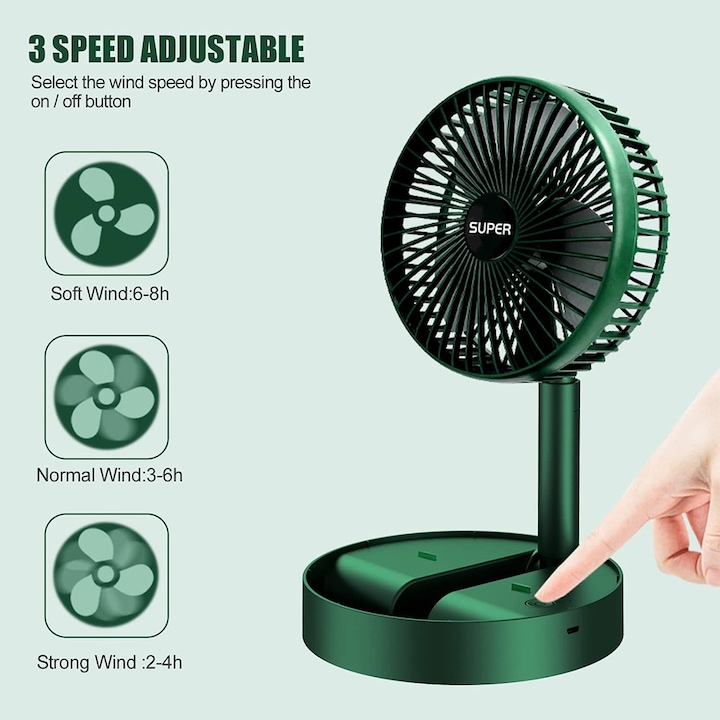 Ventilator portabil telescopic, 3 viteze, incarcare USB, verde, montabil pe perete