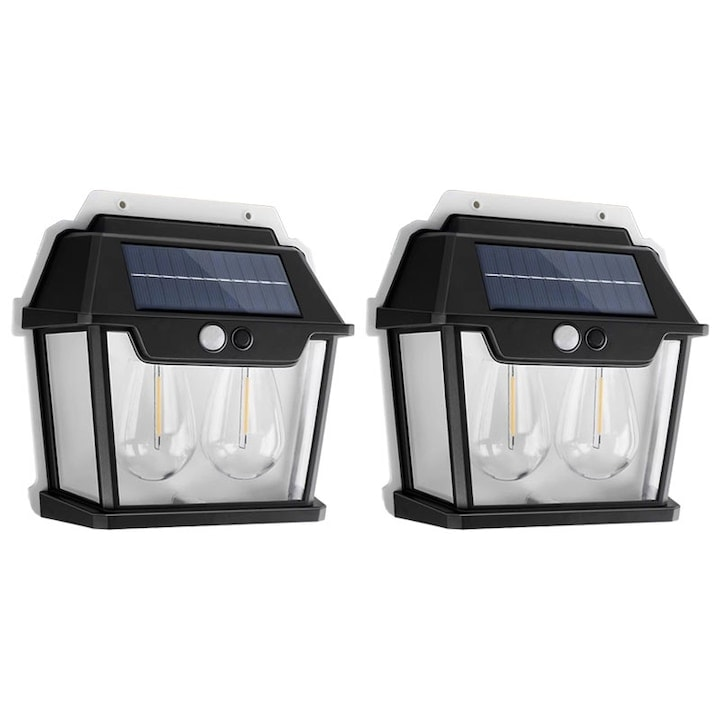 Lampa Solara de Perete LED Tip Felinar Dublu, senzor de miscare 5-8 metri, fara fir, 3 moduri de iluminare, protectie IP65, Waterproof, exterior, negru
